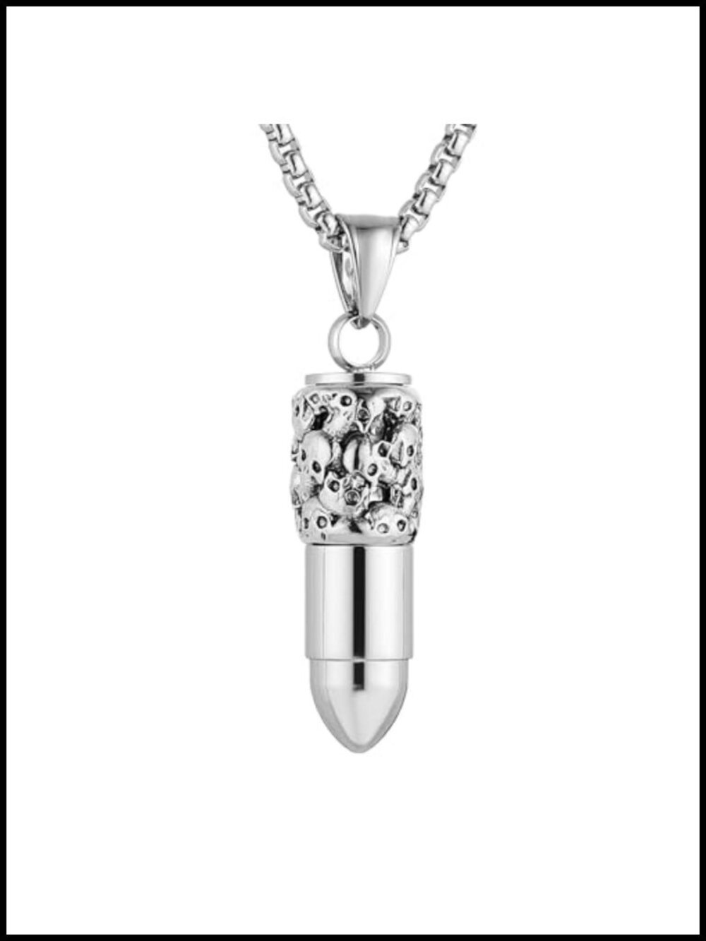 Stainless Steel Bullet Head Cremation Urn Necklace Skull 22+2In Chain
